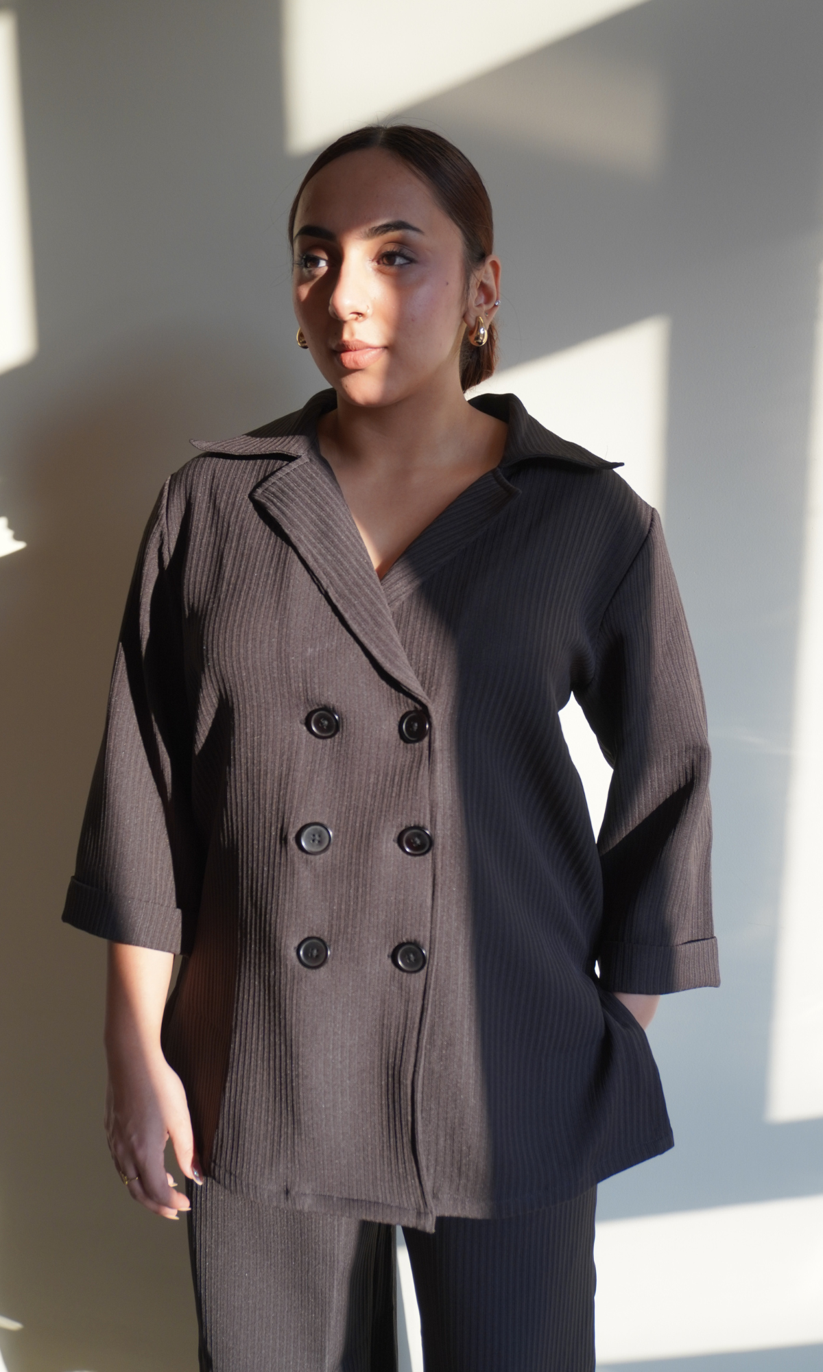 Charcoal Striped Blazer Top with Slit Pants Co-ord