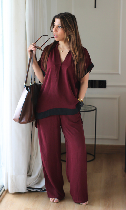 Wine Contrast High-Low Hem Co-ord