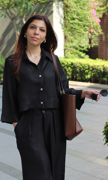 Shadow Black Cropped Shirt with Loose Pants Co-ord