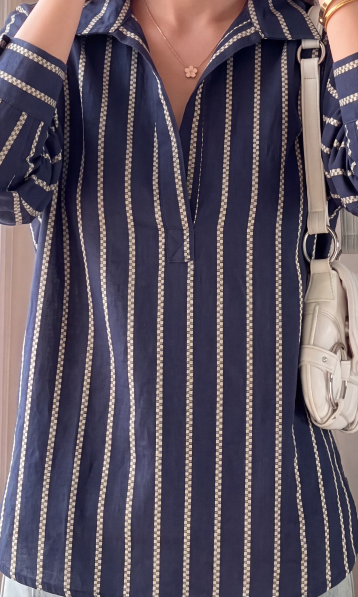 Navy Textured Stripe Popover Top