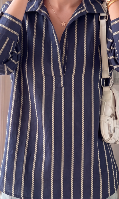 Navy Textured Stripe Popover Top