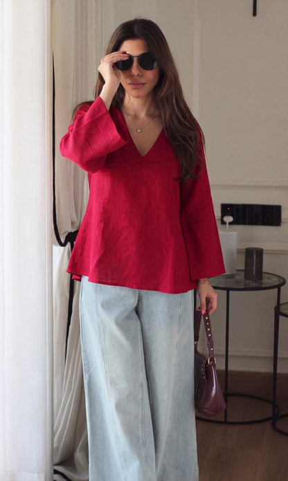 Raspberry Linen V-Neck Peplum Top