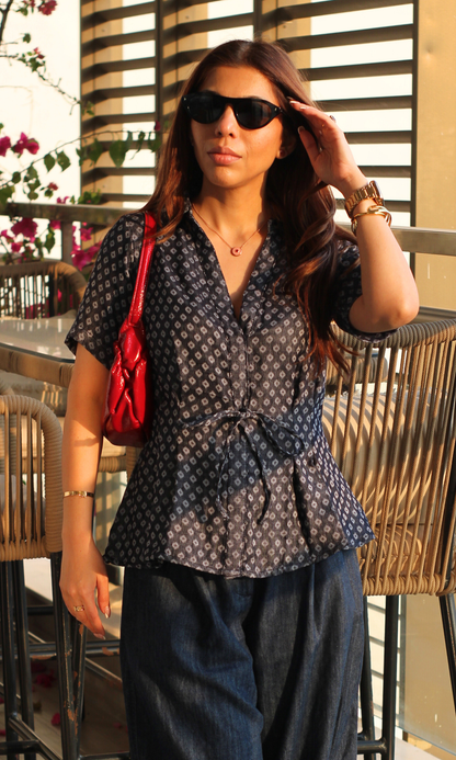 Midnight Dobby Tie Detail Top