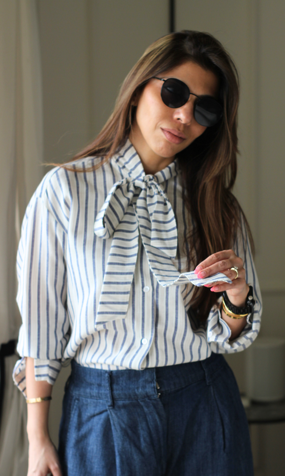 Navy Pinstripe Bow-Tie Shirt