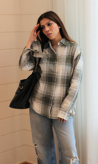 Casual cotton shirt in olive and ivory check, relaxed fit, collar, button-down front — a modern take on classic plaid.