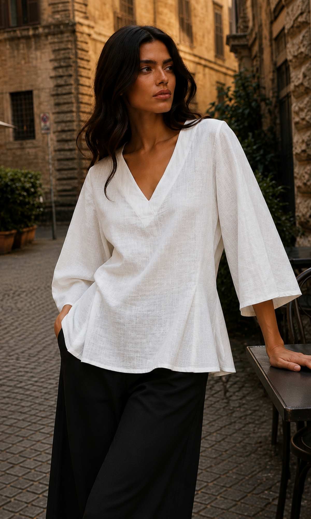 White Textured Pleated V-Neck Top