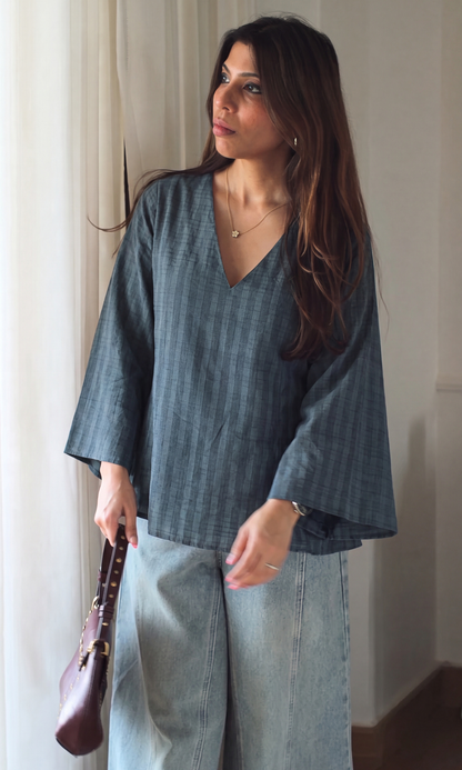 Navy Textured V-Neck Top