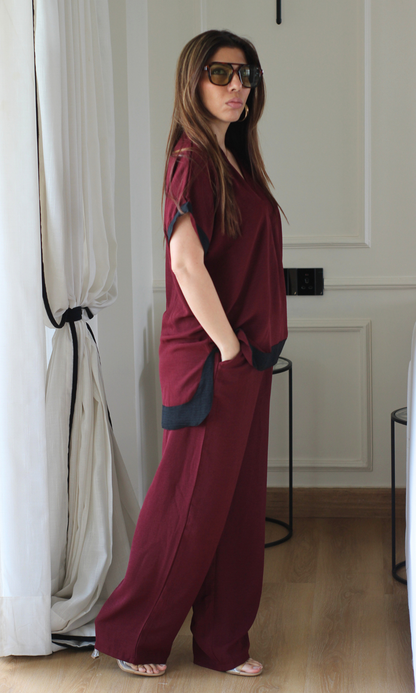 Wine Contrast High-Low Hem Co-ord