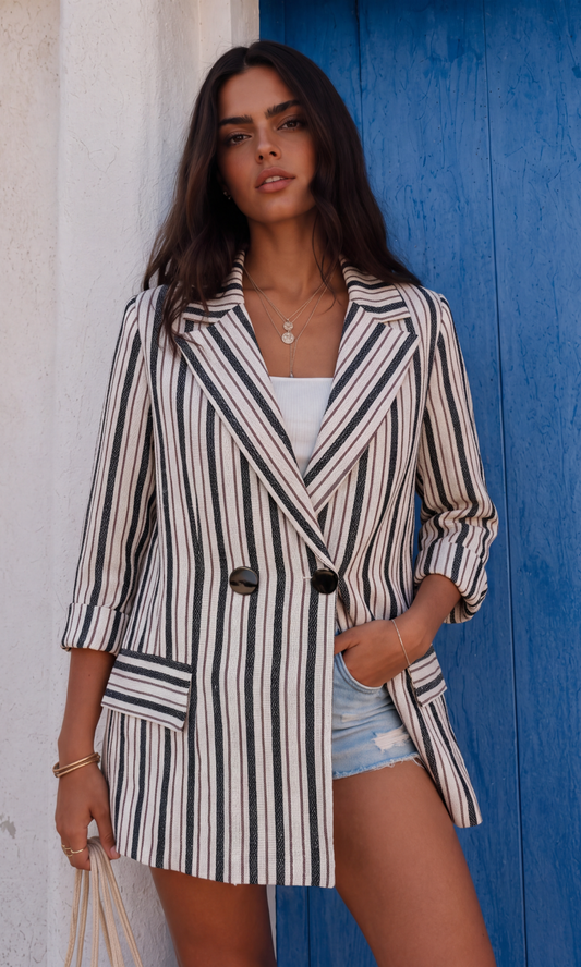 Textured Jacquard Stripe Double-Breasted Blazer