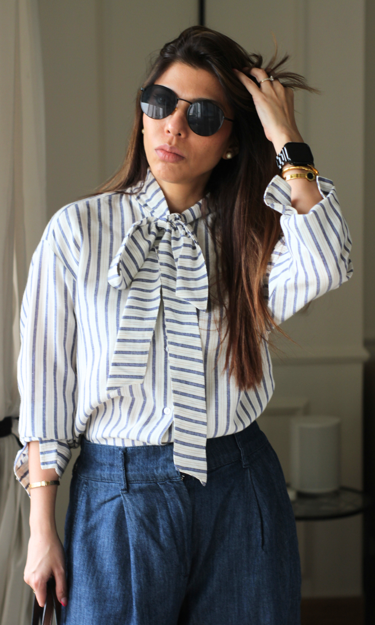 Navy Pinstripe Bow-Tie Shirt
