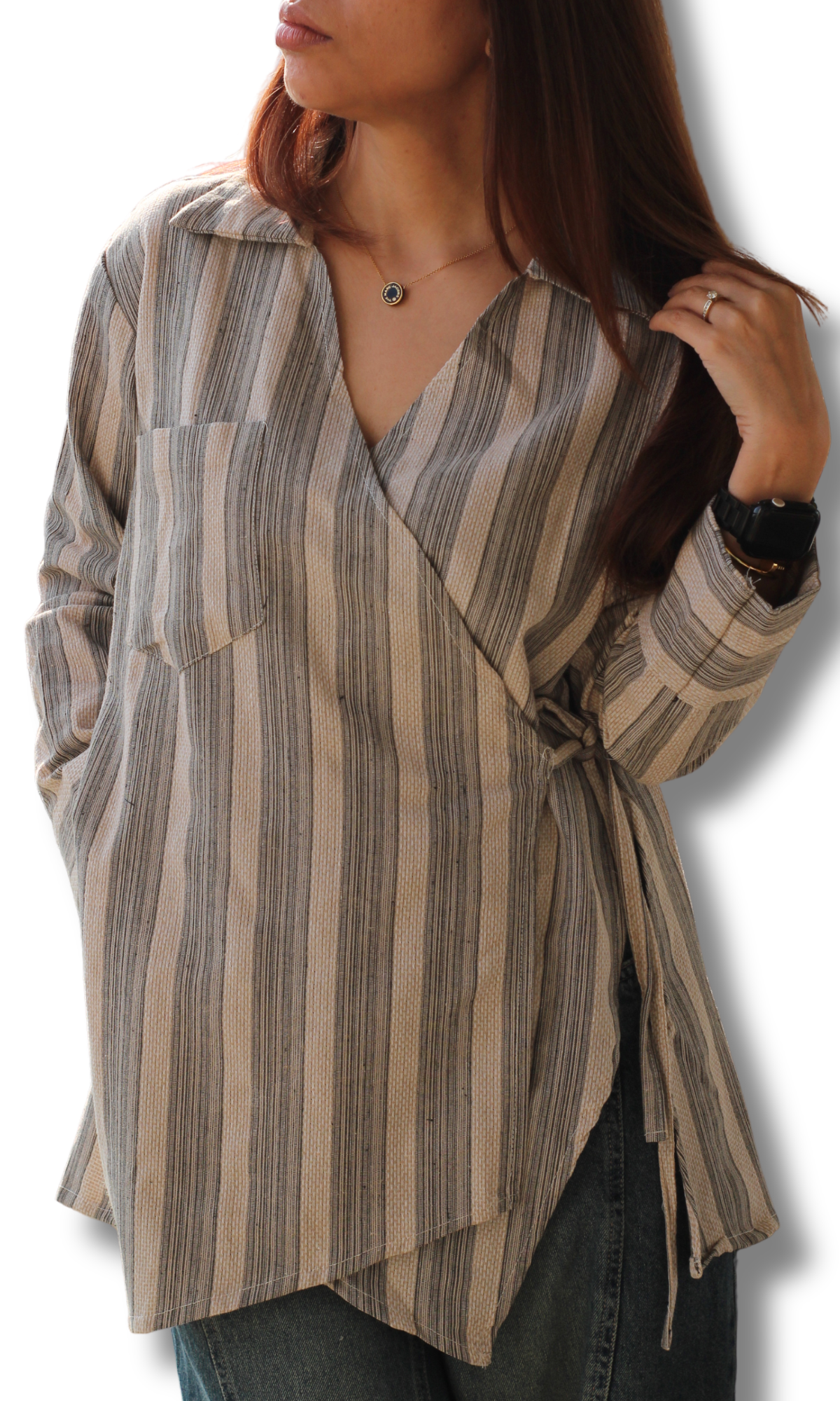 Greige Linear Cuts Detail Kimono Top