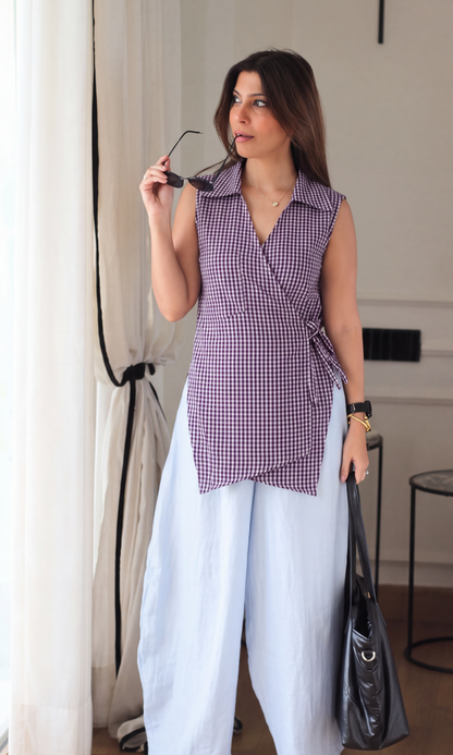 Plum Gingham Sleeveless Kimono Top