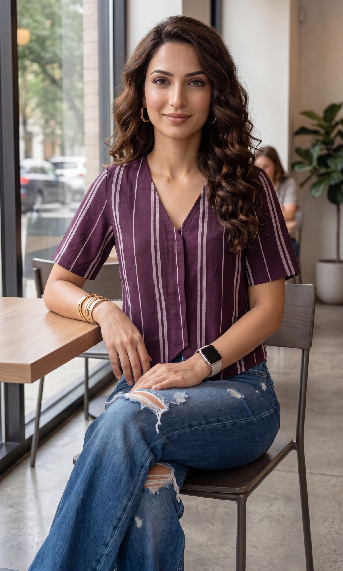 Linear Wine Sleeved Cotton Waistcoat