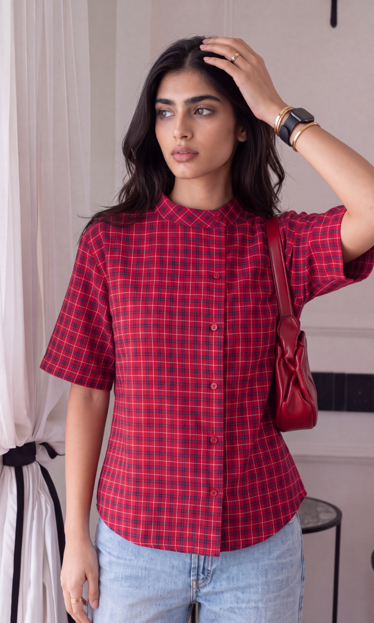 Red Check Mandarin Collar Shirt