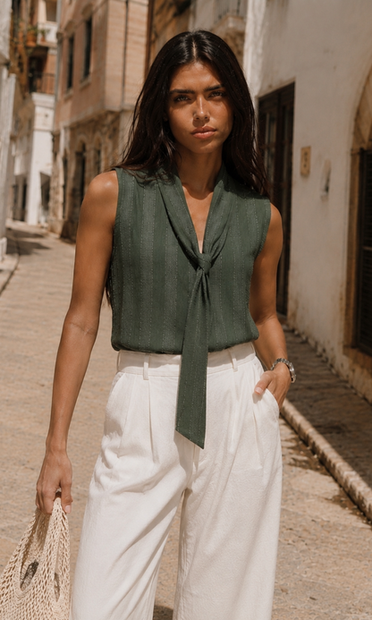 Green Textured Weave Tie-Neck Top