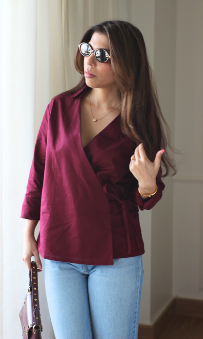 Deep Red Cotton Wrap Top