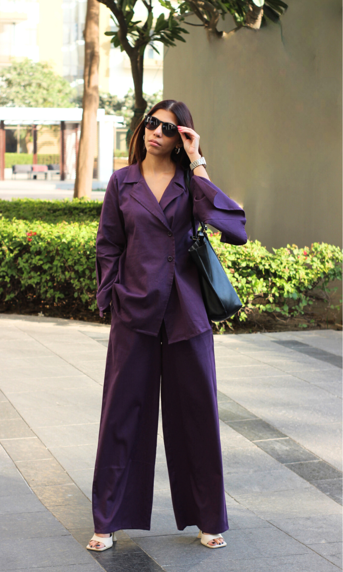 Purple Cut-Sleeved Blazer Top with Flared Pants Co-ord