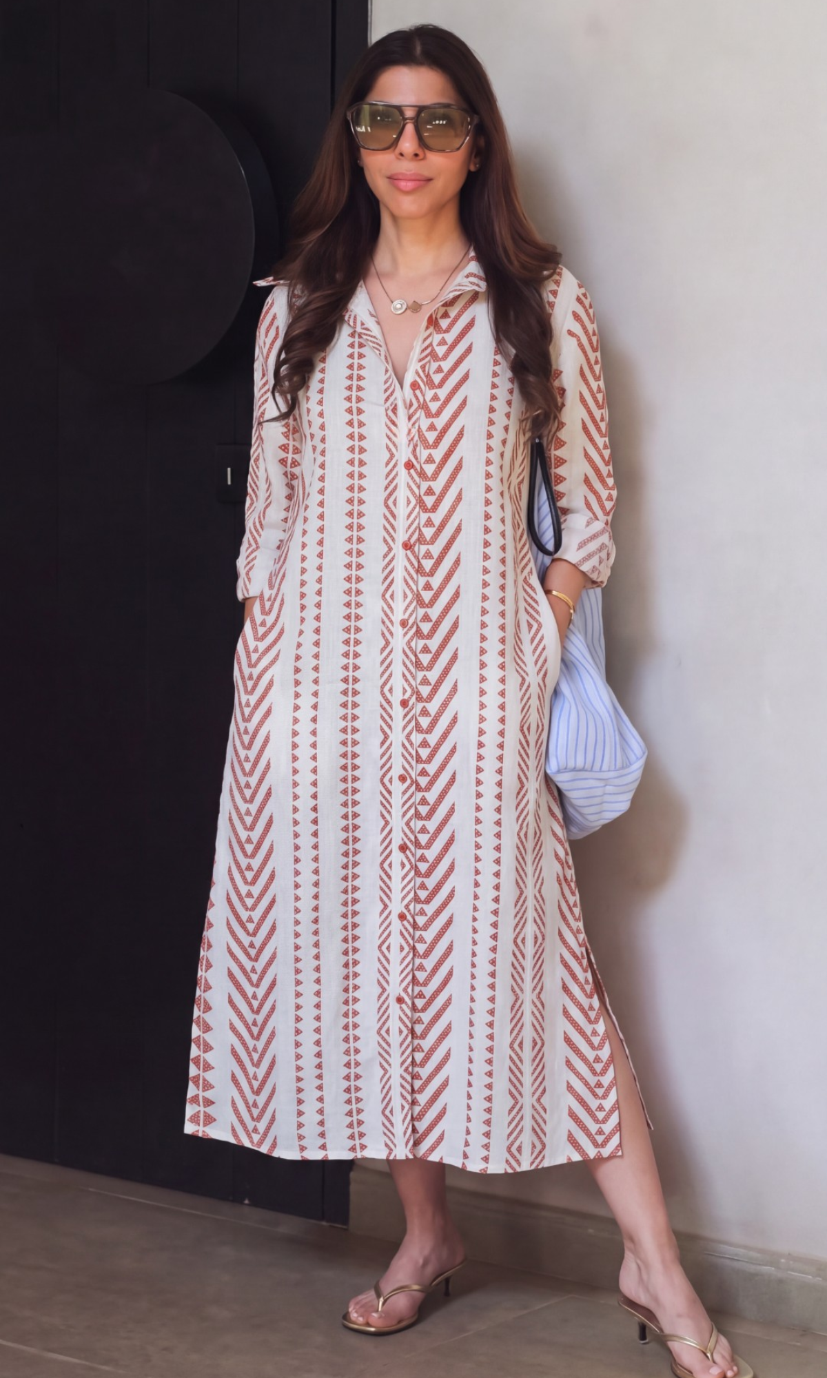 Terracotta Geometric Embroidered Shirt Dress