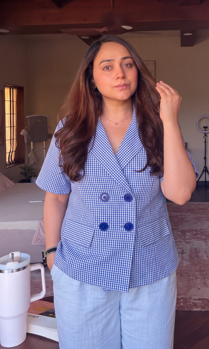 Royal Blue Gingham Double-Breasted Half Sleeves Waistcoat