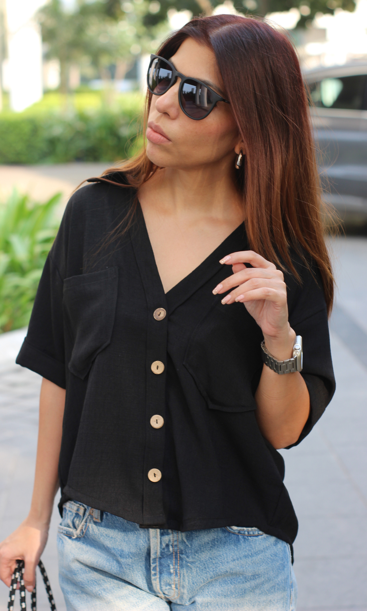 Black Textured Cropped Shirt