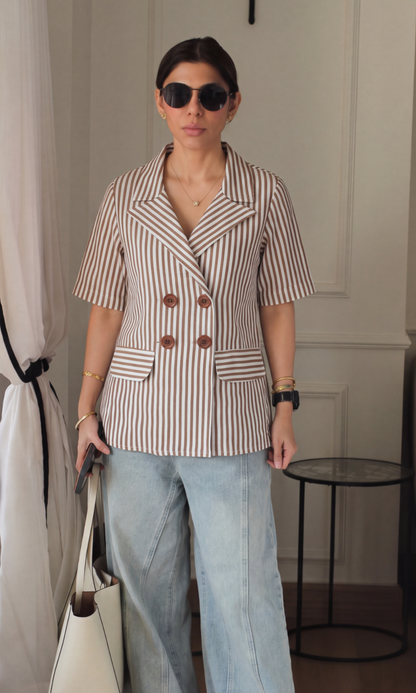 Camel Stripe Half-Sleeve Blazer