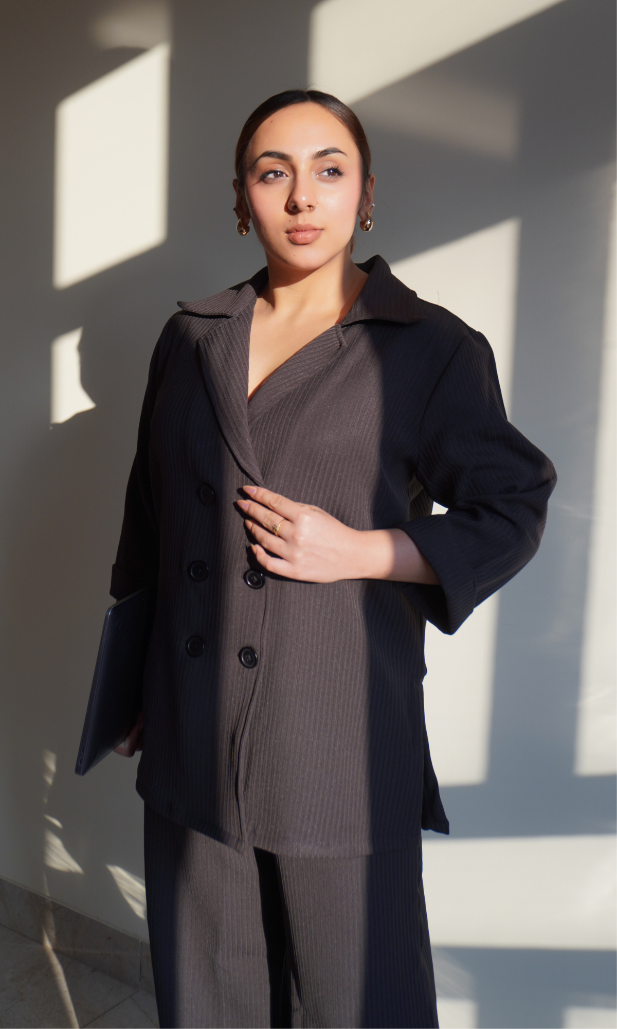 Charcoal Striped Blazer Top with Slit Pants Co-ord