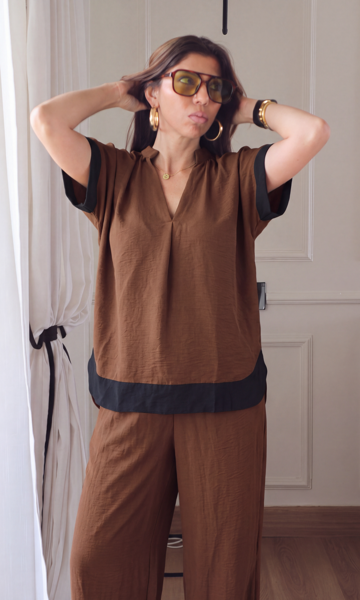 Brown Contrast High-Low Hem Co-ord
