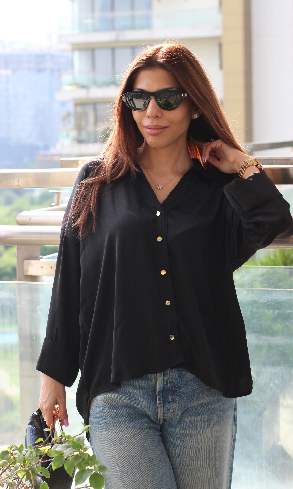 Black Sleeved Metallic Buttoned Shirt