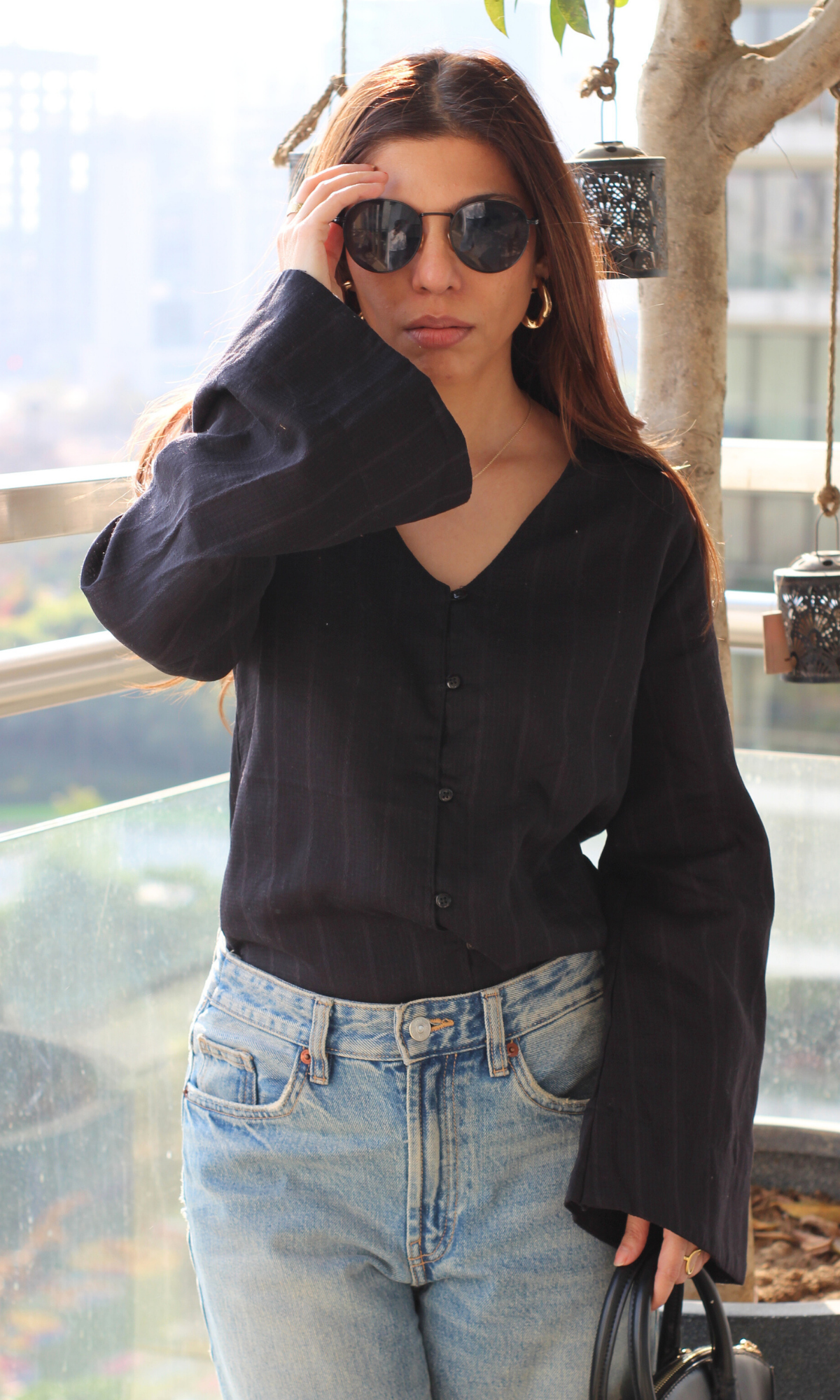 Black Textured Flared Sleeve Shirt