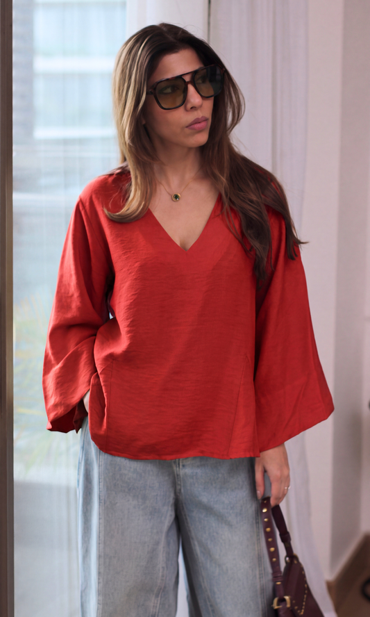Red V-Neck Peplum Top