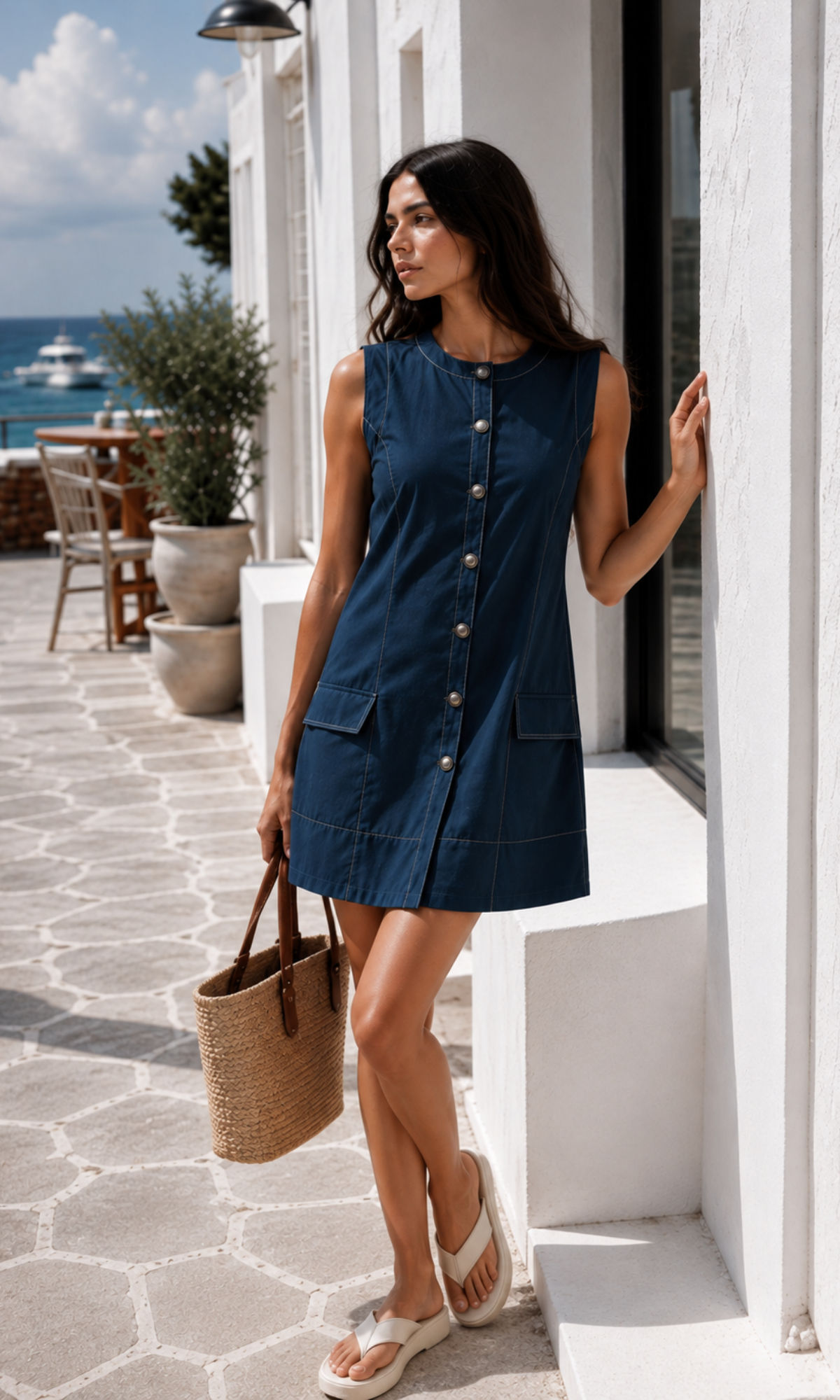 Petrol Blue Denim Button-Front Mini Dress