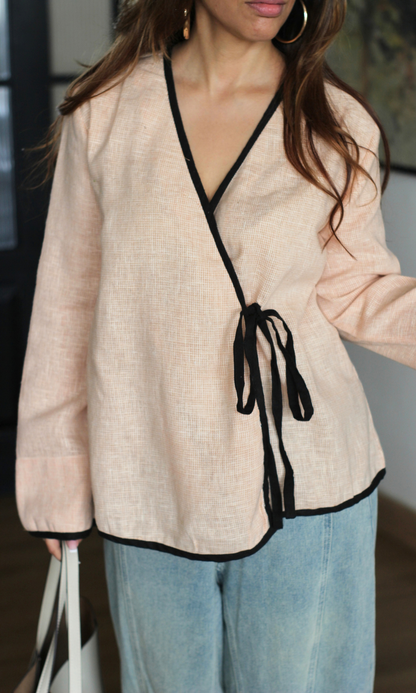 Cream Contrast-Trim Tie Kimono Top