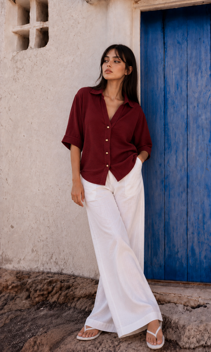 Brick Red Metallic-Button Boxy Shirt