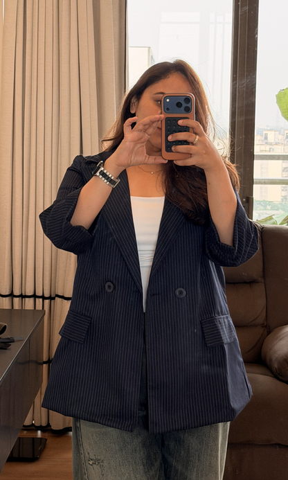 Navy Pinstripe Double-Breasted Blazer