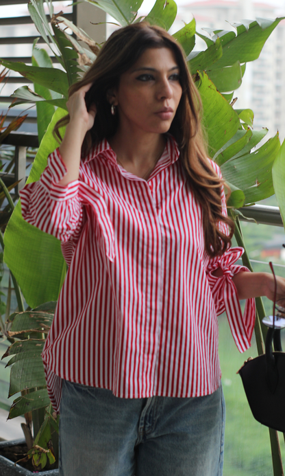 Tomato Stripe Bow Detail Shirt