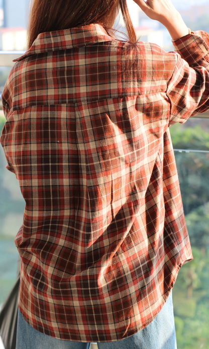 Brown Orange Plaid Checked Shirt