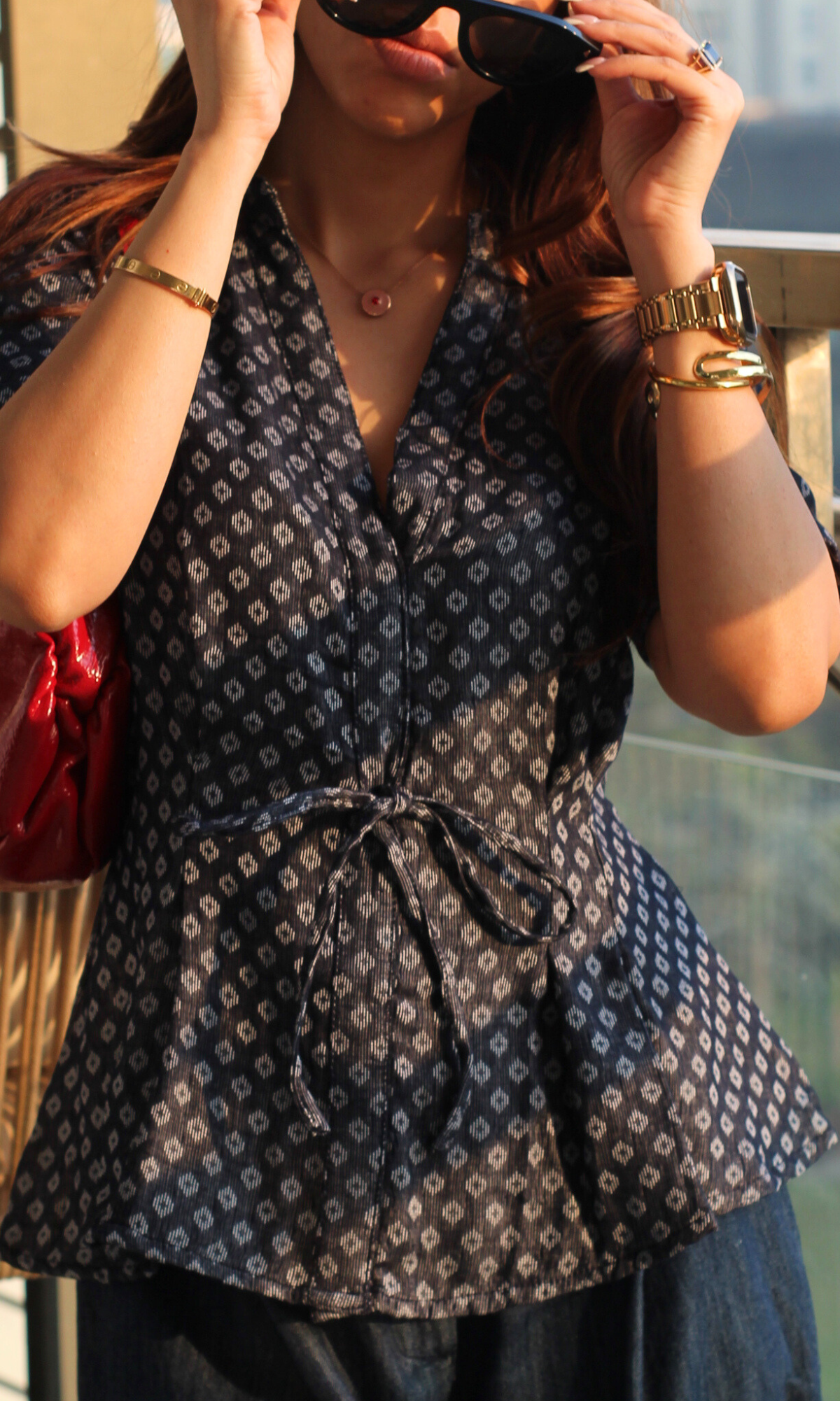 Midnight Dobby Tie Detail Top