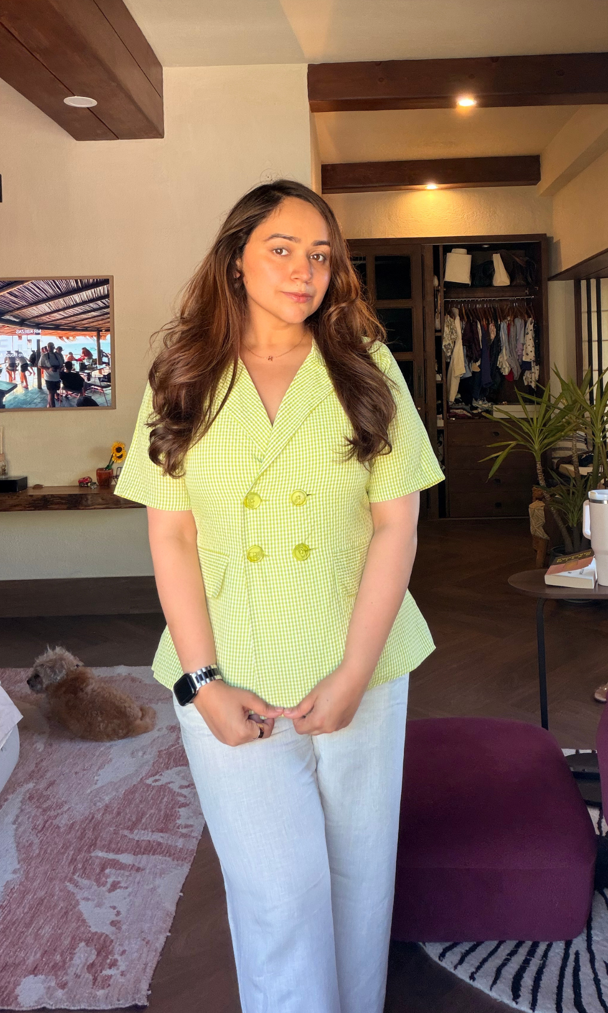 Lime Gingham Double-Breasted Half sleeves Blazer