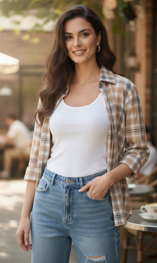 Women’s hazel-tone plaid checked cotton shirt with long sleeves, classic collar and button-down front — soft neutral checks for versatile styling.