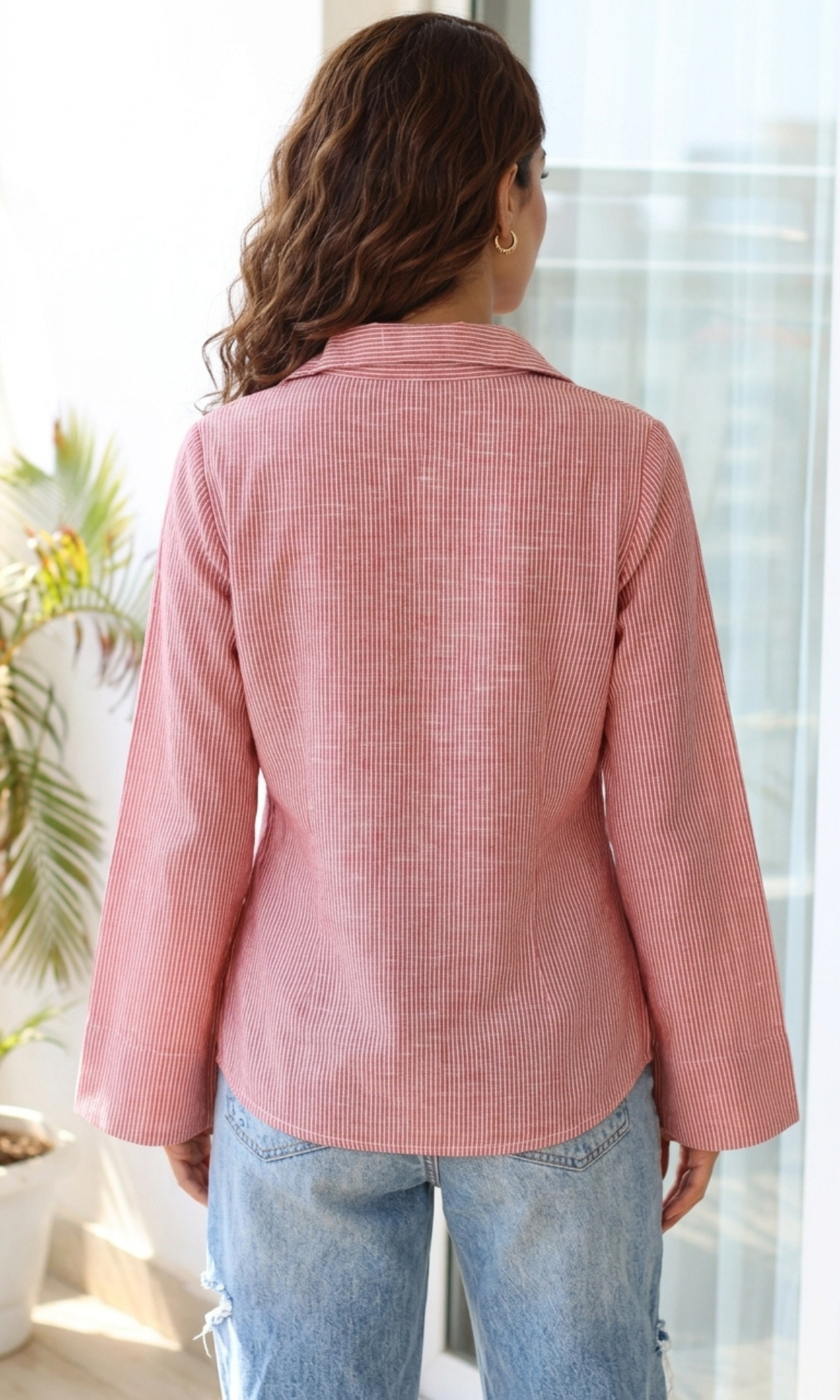Red Stripe Flared Sleeves Shirt