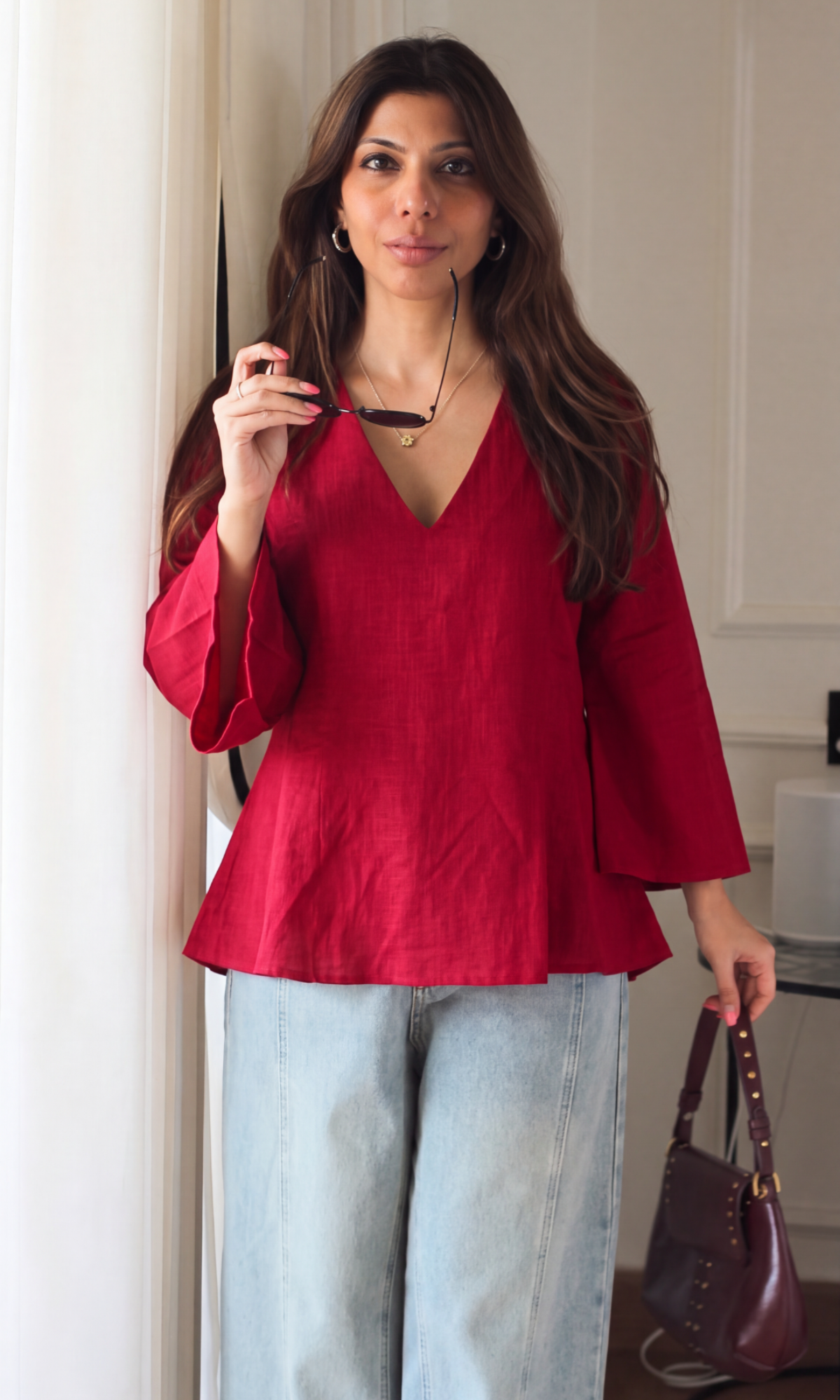 Raspberry Linen V-Neck Peplum Top