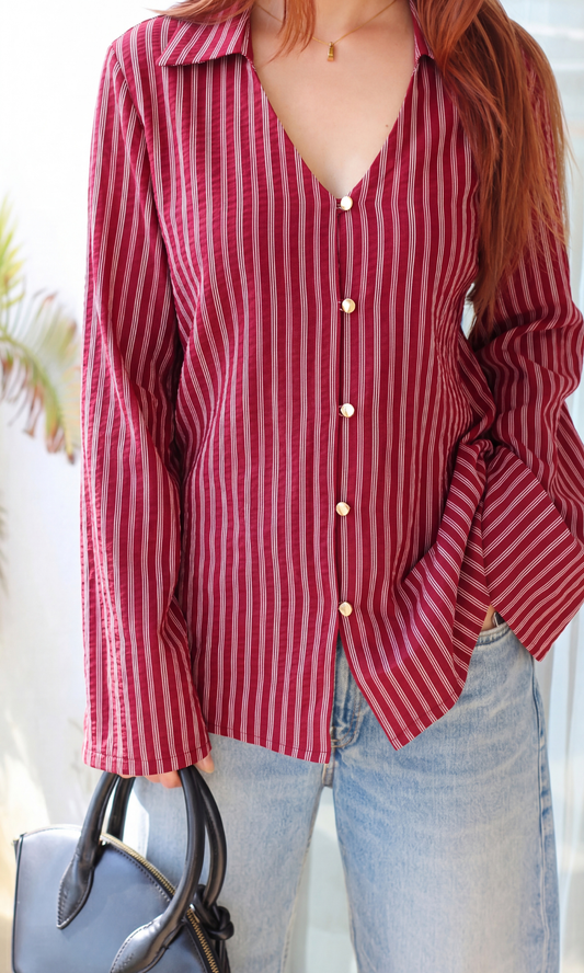 Raspberry Red Striped  Crinkled Flared Sleeve Shirt