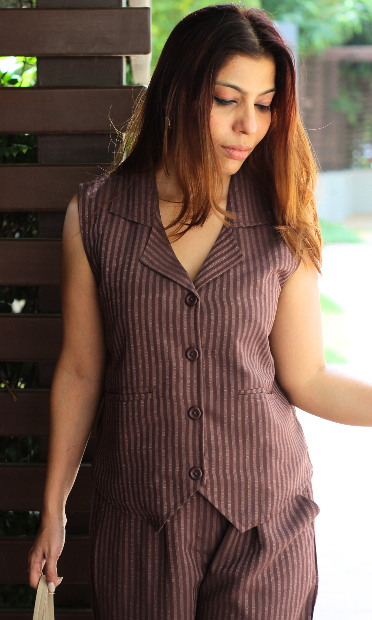 Brown Striped Collared Waist Coat and Pants