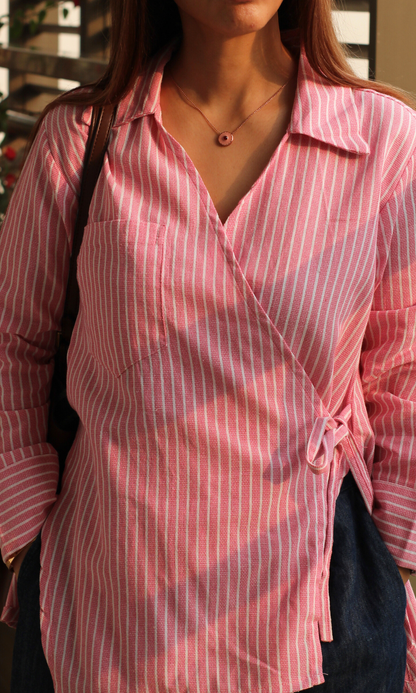 Pink Parallel Cuts Detail Kimono Top