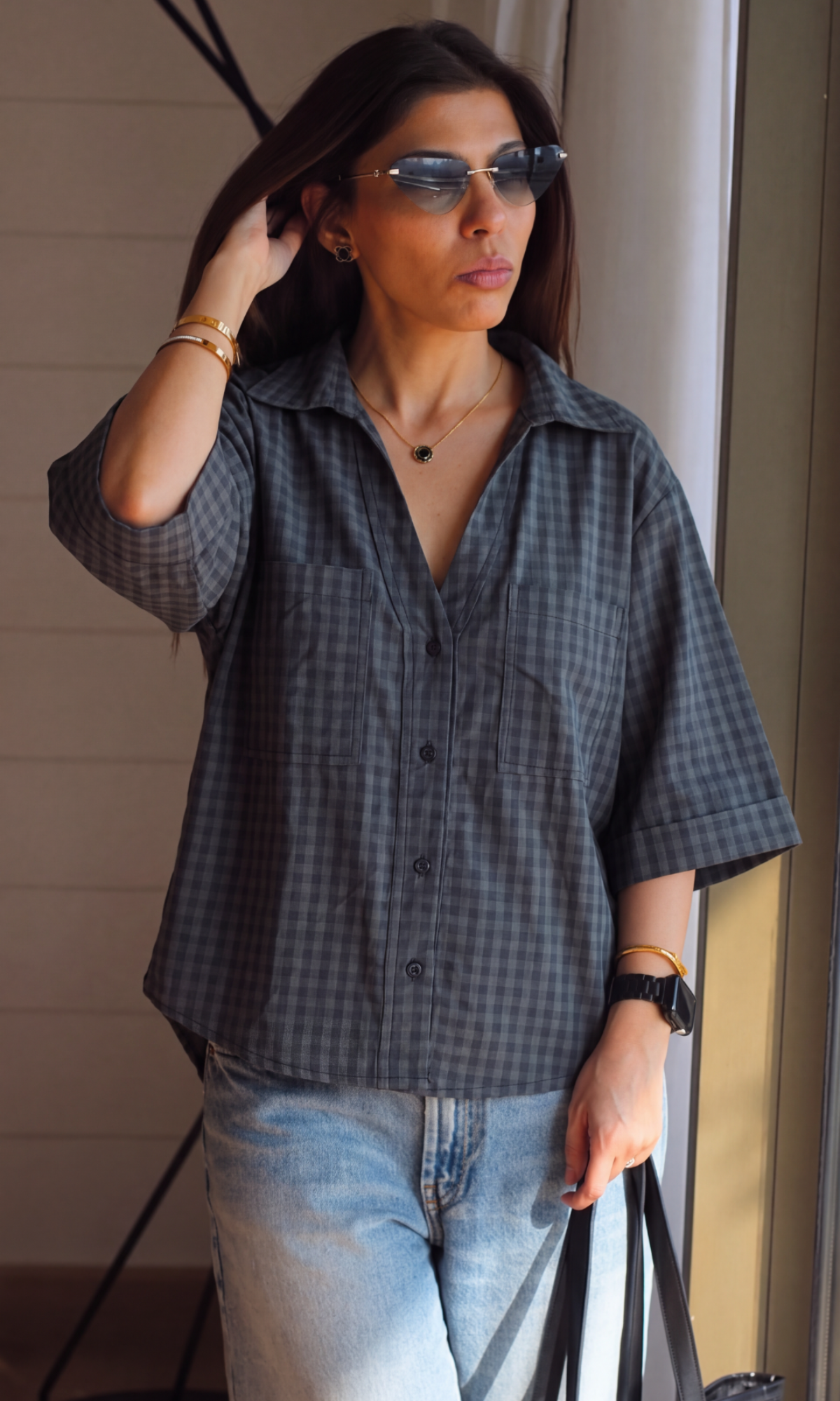 Charcoal Grey Gingham Loose Shirt