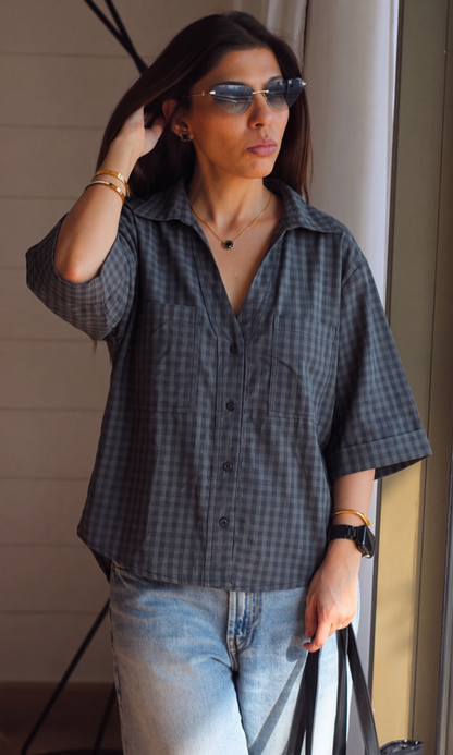 Charcoal Grey Gingham Loose Shirt