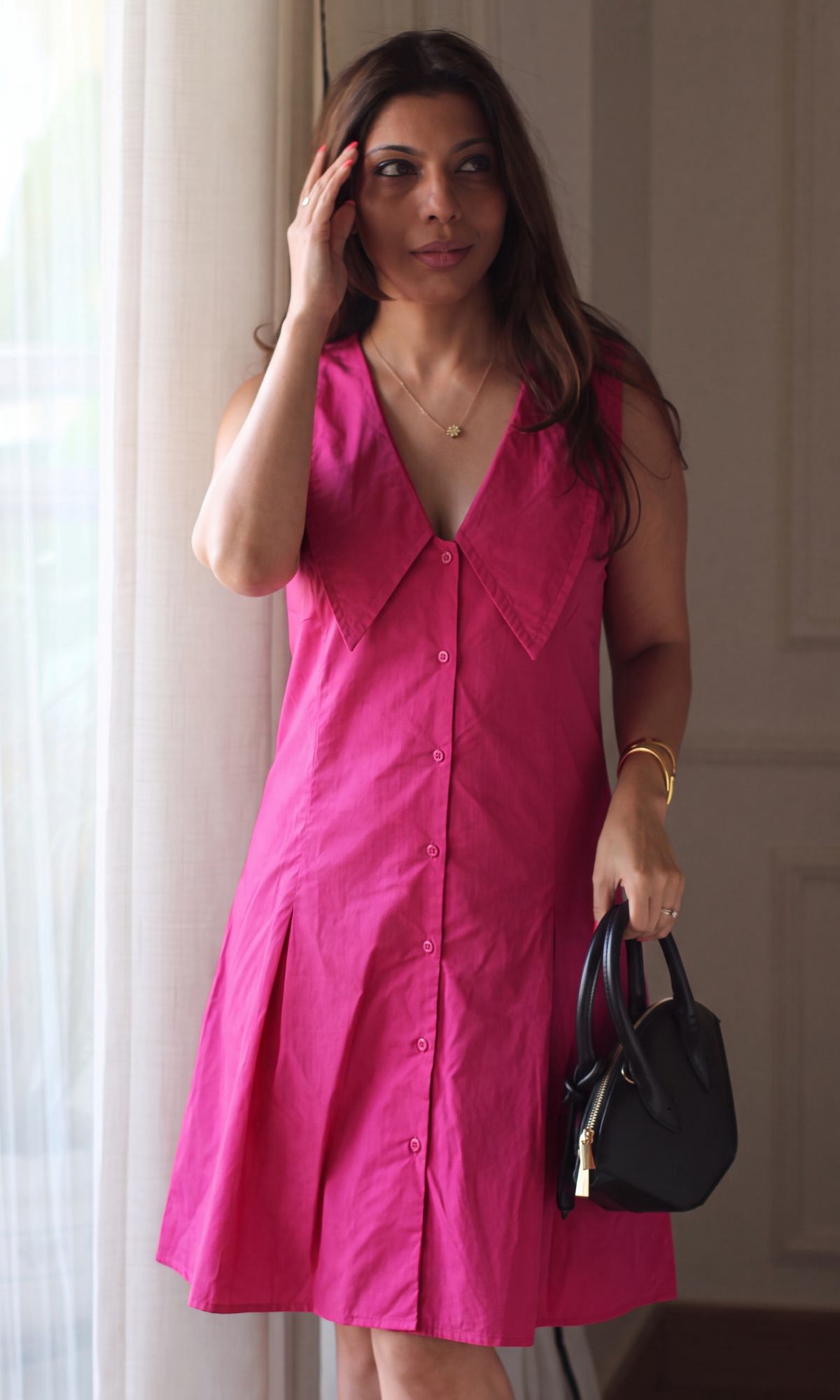 Fuchsia Poplin Oversized Collar Dress