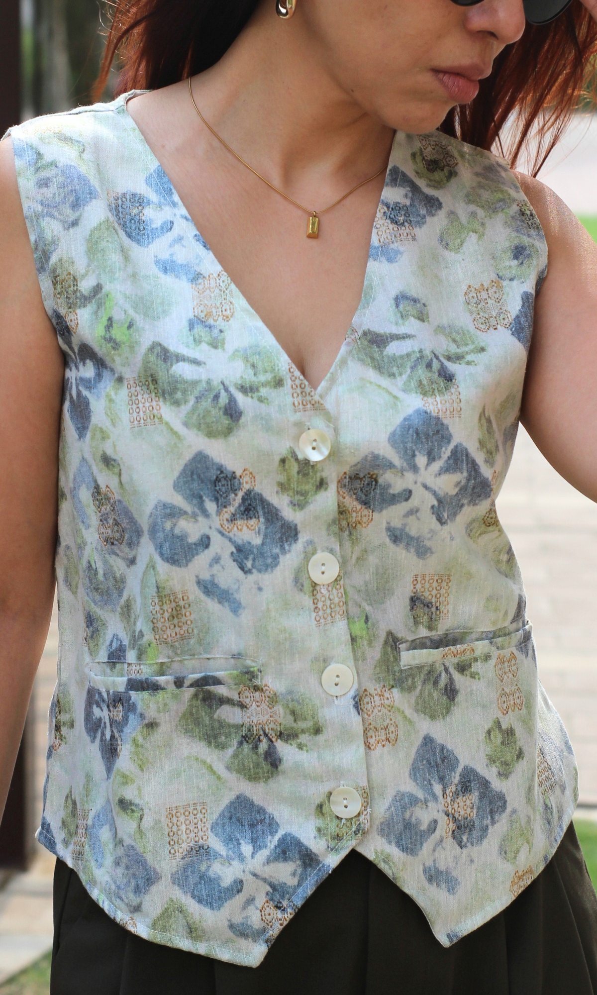 Oyster Green Abstract Print Waist Coat