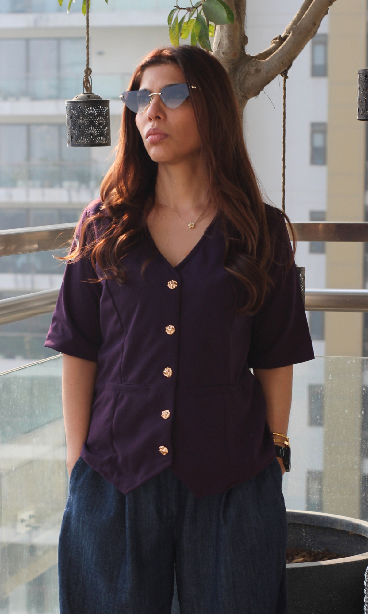 Dark Violet Sleeved Metallic Buttoned Waist Coat