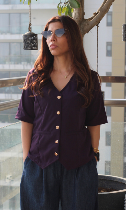 Dark Violet Sleeved Metallic Buttoned Waist Coat